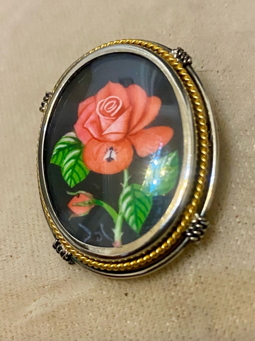 Vintage 800 Silver Painted Rose Brooch Pendant